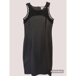 Julian Taylor Gray Sheath Dress with Black Ribbon Stitching Trim on Neckline, 10